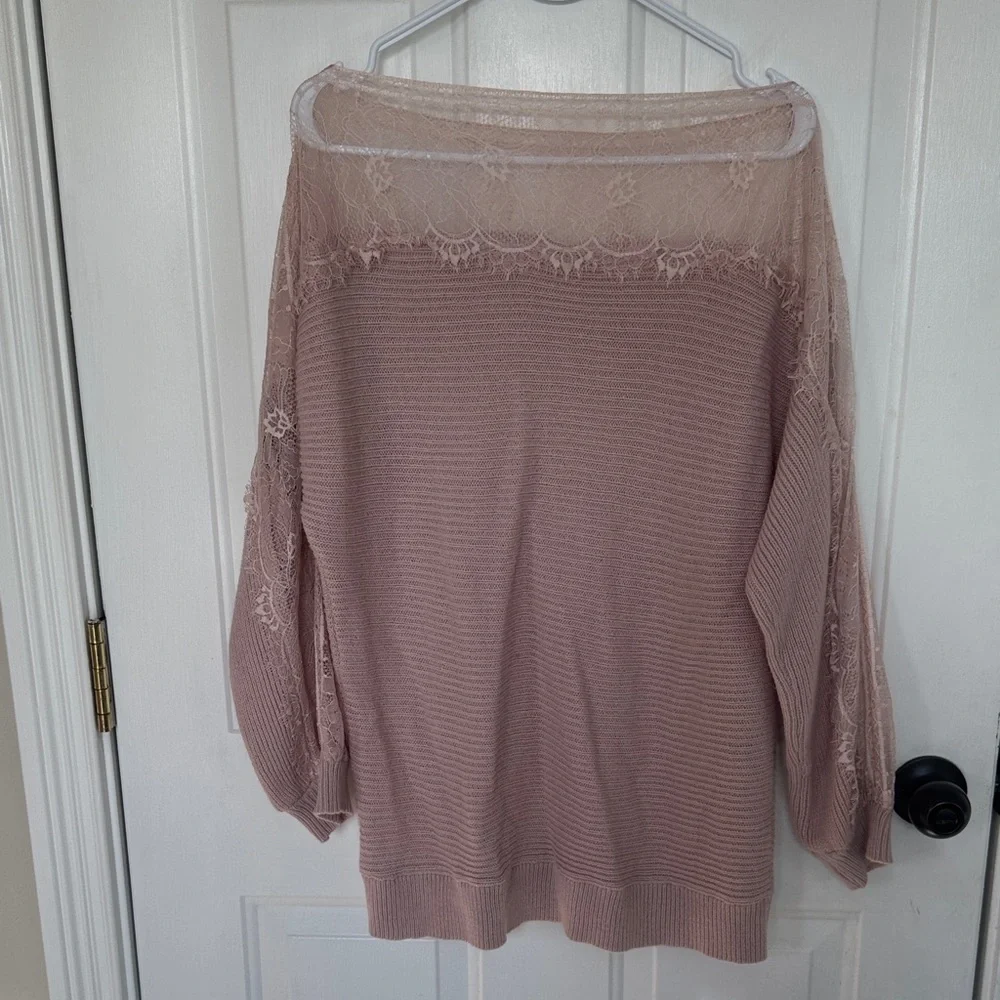 Elegant Lace Trim Pink Sweater